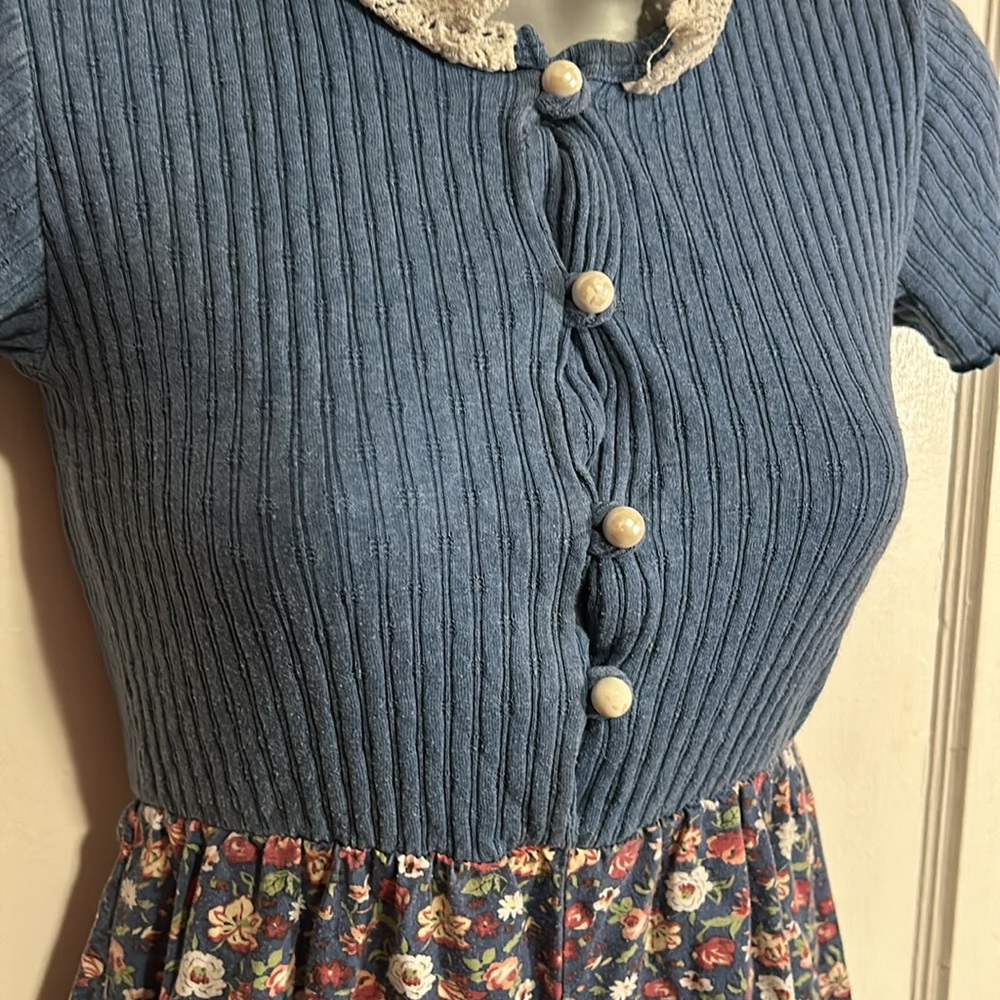90s Vintage Kids Floral Denim Lace Collared Jumpsuit - Picture 3 of 14